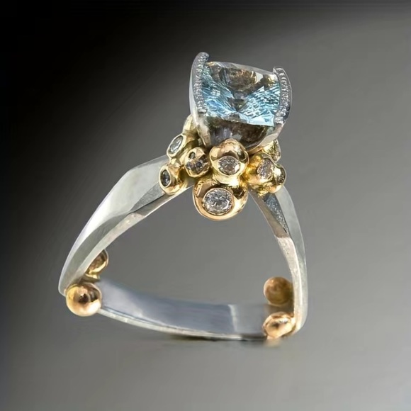 - 14k Yellow & White Gold Vermeil & Aquamarine Handcrafted Ring 6 1/2 - Picture 2 of 5